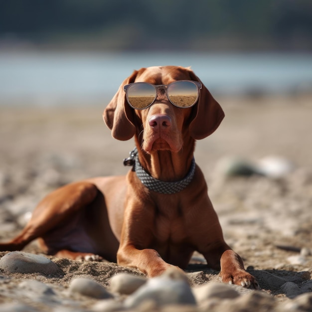 Hungarian Vizsla Dog with sunglasses is lying on the beach sand Created using generative Al tools