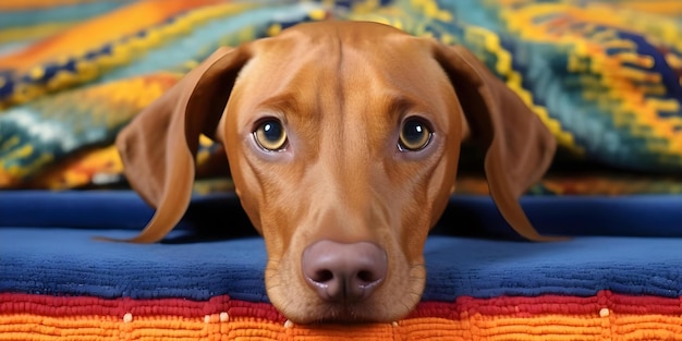 Hungarian Vizsla lounges on vibrant blankets radiating coziness and comfort at home Concept Dog Photography Cozy Blankets Hungarian Vizsla Home Decor Comfort and Joy