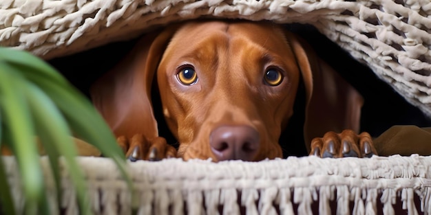 Hungarian Vizsla rests in cozy blanket nest exuding gentle warmth at home Concept Dogs Hungarian Vizsla Cozy Blanket Home Resting