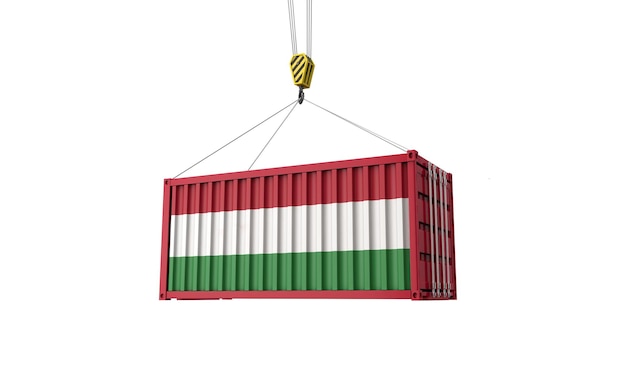 Hungary flag cargo trade container hanging from a crane d render