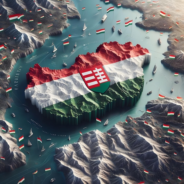 Hungary map with waving flag of country realistic photo