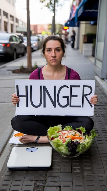 Photo hunger woman with salad and weight scales