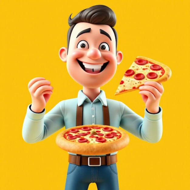 Photo hungry cartoon man holding pizza