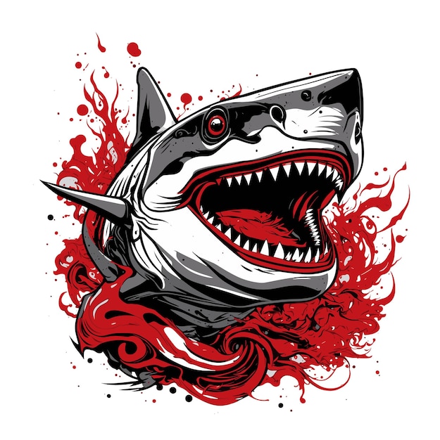 hungry maneating shark with open mouth in white red and black color