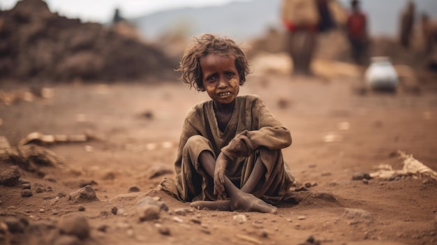 Hungry starving poor little child looking at the camera in Ethiopia