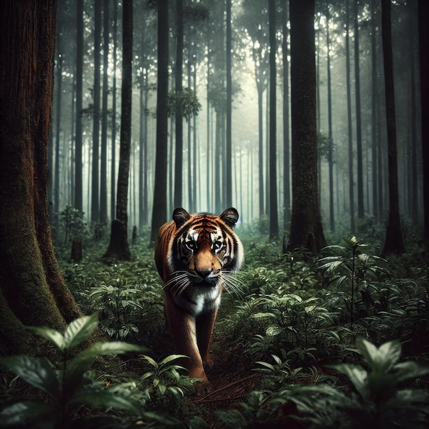 hungry tiger walking in the middle of the jungle