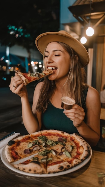 Hungry woman with delicious pizza food or consumables at a bar restaurant or diner at night one hap