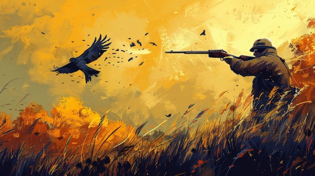 hunter shooting to the flying bird Hunter with a gun hunting on black grouse in autumn season banner with copy space