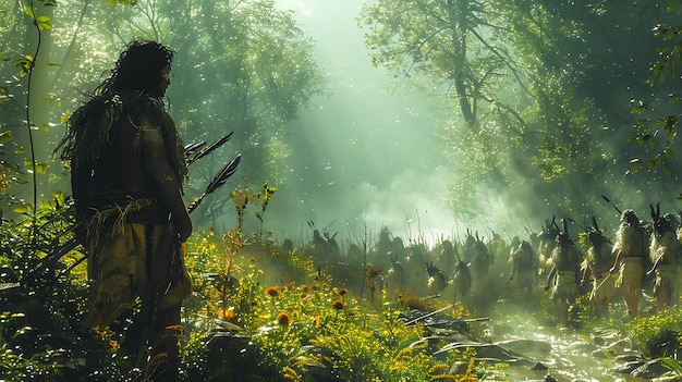 Huntergatherers fashioning spears hardwood in the jungle