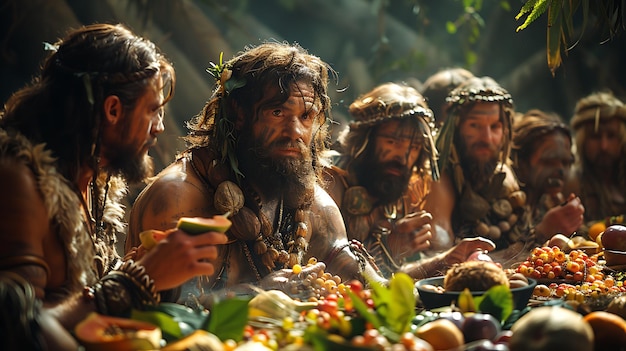 Huntergatherers feasting fruits and nuts gathered from the jungle