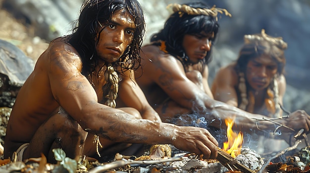 Huntergatherers making fire using sticks jungle vines