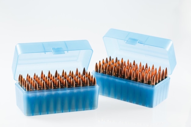 Hunting cartridges in a plastic box. Bullet storage box.