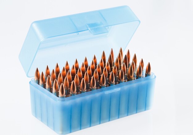 Hunting cartridges in a plastic box. Bullet storage box.