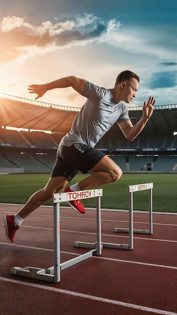 Hurdles fitness and man running on track at stadium training for race competition or marathon