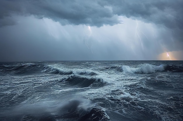 Hurricane in cloudy sky with thunder over sea