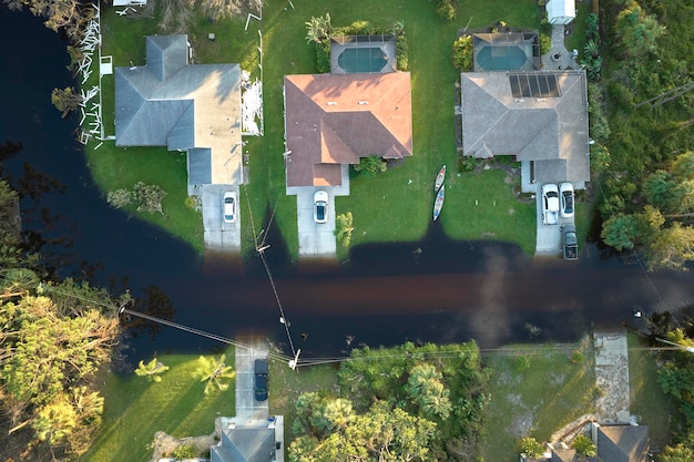 Hurricane Ian flooded houses in Florida residential area Natural disaster and its consequences