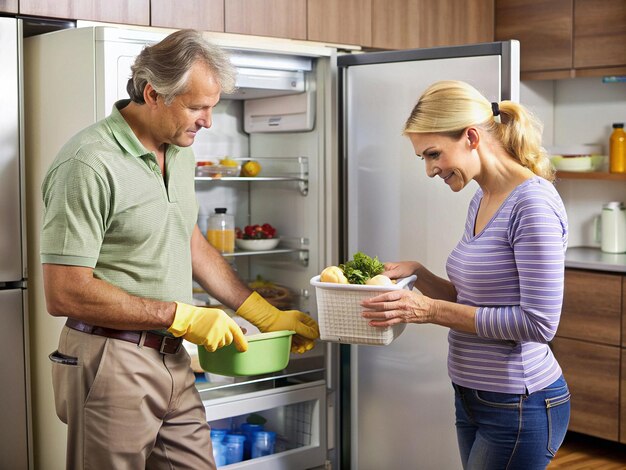 The husband helps his wife by cleaning out the refrigerator and disposing of expired items