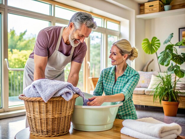 The husband helps his wife by taking care of household chores