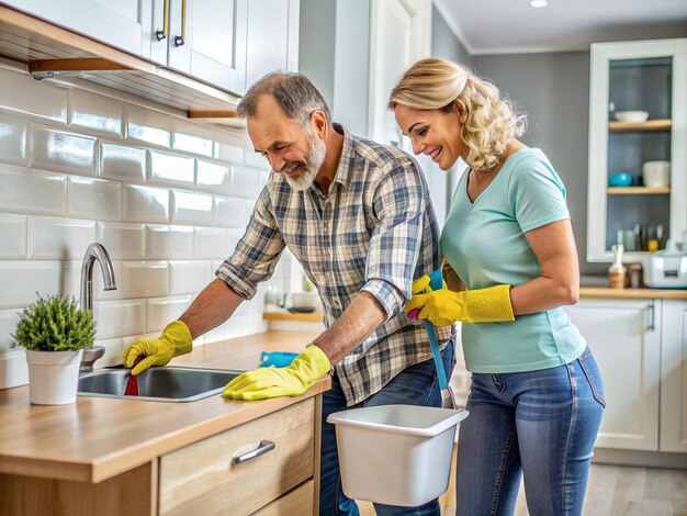 Photo the husband helps his wife by taking care of household maintenance tasks without being asked