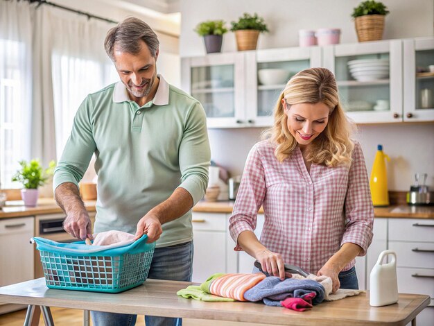 Photo the husband helps his wife by taking on extra household tasks during busy times