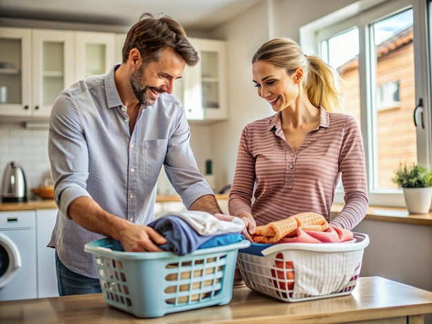 The husband helps his wife fold laundry and put it away