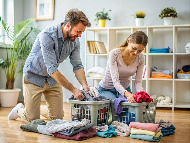 The husband helps his wife fold laundry