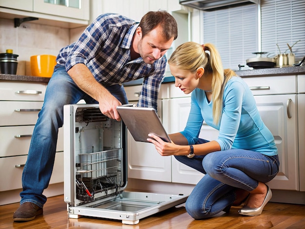 The husband helps his wife with a broken appliance