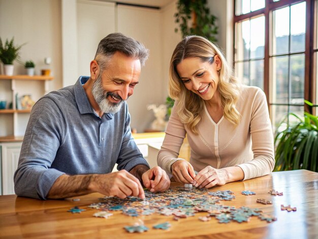 Photo the husband helps his wife with a challenging puzzle