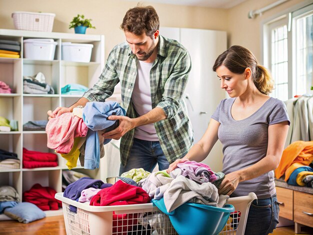 The husband helps his wife with a chore shes struggling with