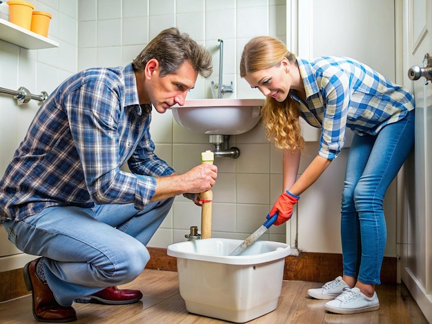 The husband helps his wife with a clogged drain