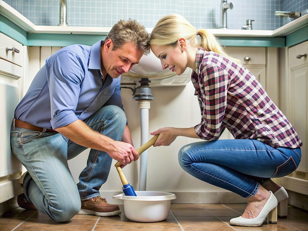 The husband helps his wife with a clogged drain