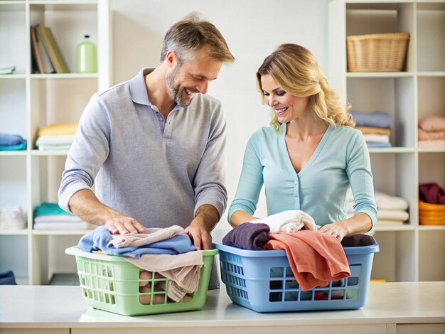 The husband helps his wife with the laundry folding clothes together