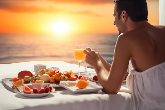 A husband in love brings his wife breakfast