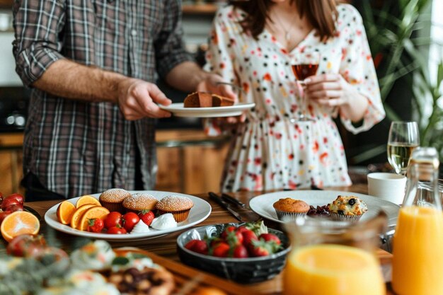 Photo husband taking muffin from the plate while having breakfast