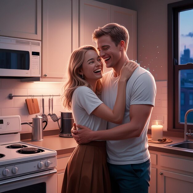 Photo a husband and wife are cuddling in their kitchen