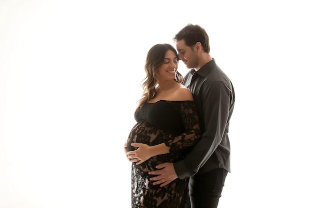 A husband and wife are having a maternity photo shoot isolated on a transparent background