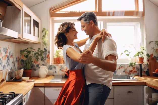 Photo husband and wife dancing at kitchen room at home generative ai