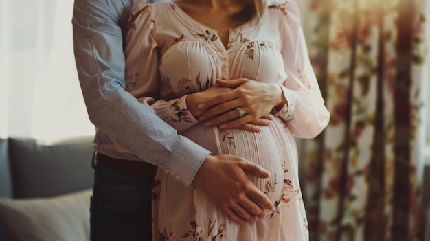 husband and wife embrace belly of pregnant wife in front view close up background illustration generated by ai