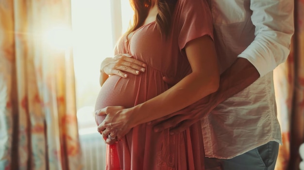 husband and wife embrace belly of pregnant wife in front view close up background illustration generated by ai