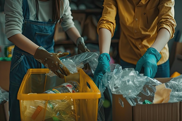 husband and wife recycle at home sorting waste plastic paper and glass