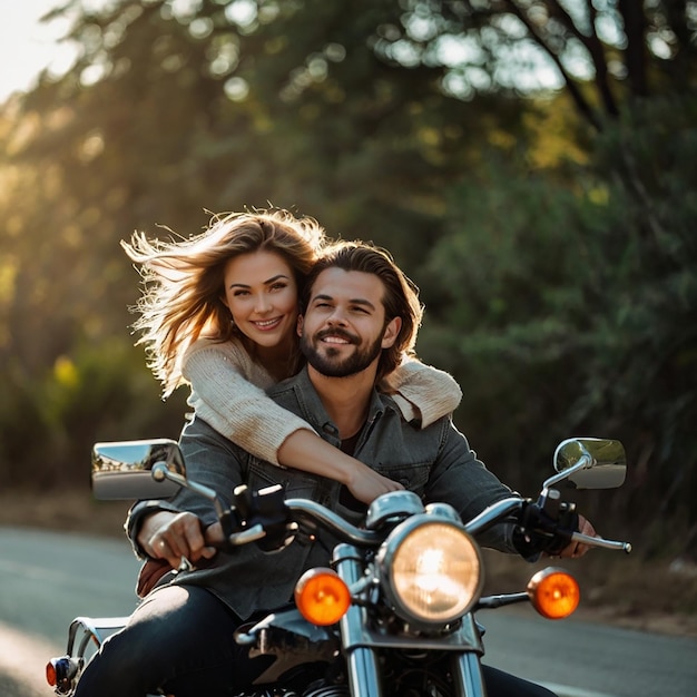 Husband and wife riding together on a motorcycle