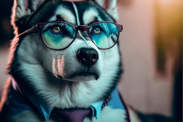 Husky in a business suit with glasses Generative AI