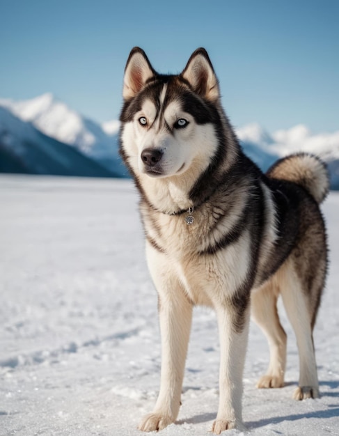 a husky dog is standing in the snow with the mountains in the background