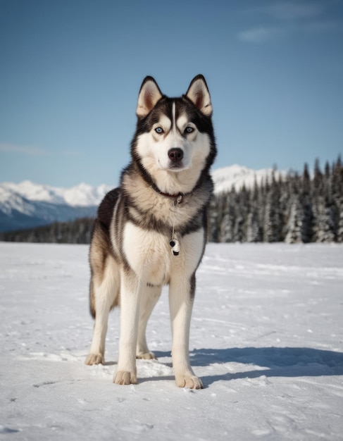 a husky dog is standing in the snow with mountains in the background