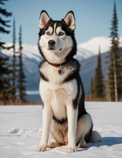 Photo a husky dog sits in the snow with the mountains in the background