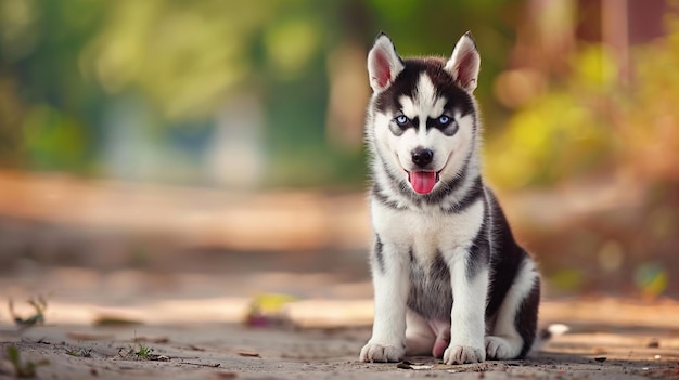 a husky dog with blue eyes and a black nose sits on a dirt road