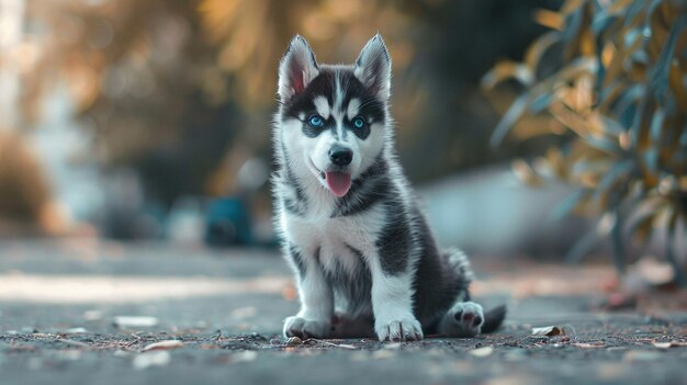 a husky dog with blue eyes and a black nose sits on a path