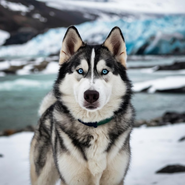 Photo a husky dog with blue eyes and a green collar