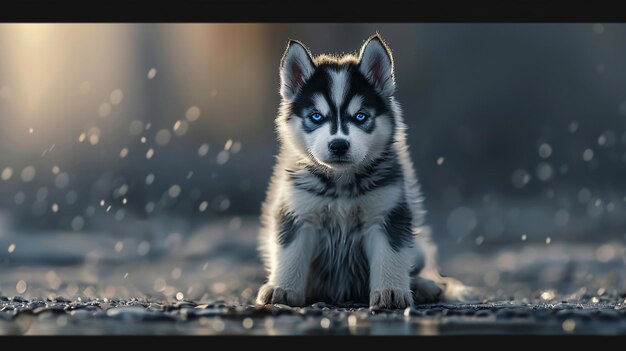 a husky dog with blue eyes sitting on the ground