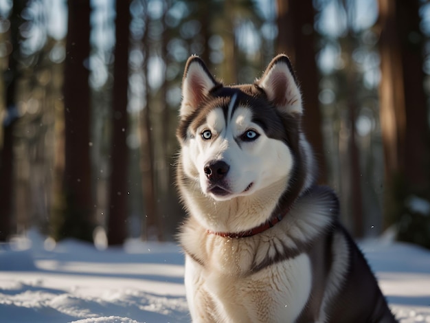 Photo a husky dog with a tag on its collar sits in the snow